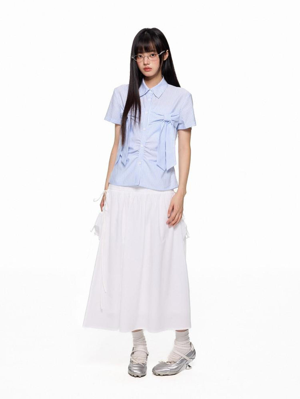 EZEK Flowing White Draped Tie Detail A Line Elastic Waist Women's Maxi Skirts