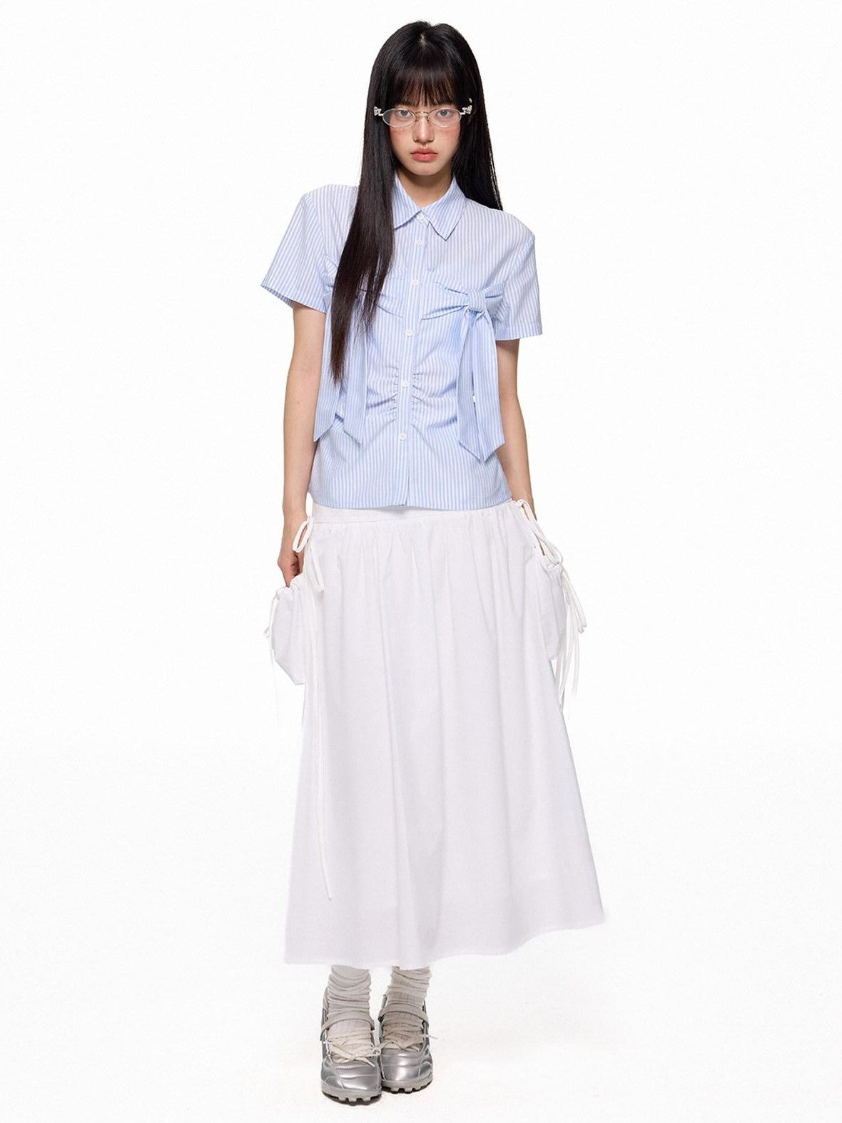 EZEK Flowing White Draped Tie Detail A Line Elastic Waist Women's Maxi Skirts