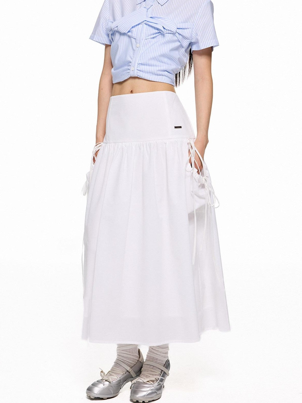 EZEK Flowing White Draped Tie Detail A Line Elastic Waist Women's Maxi Skirts