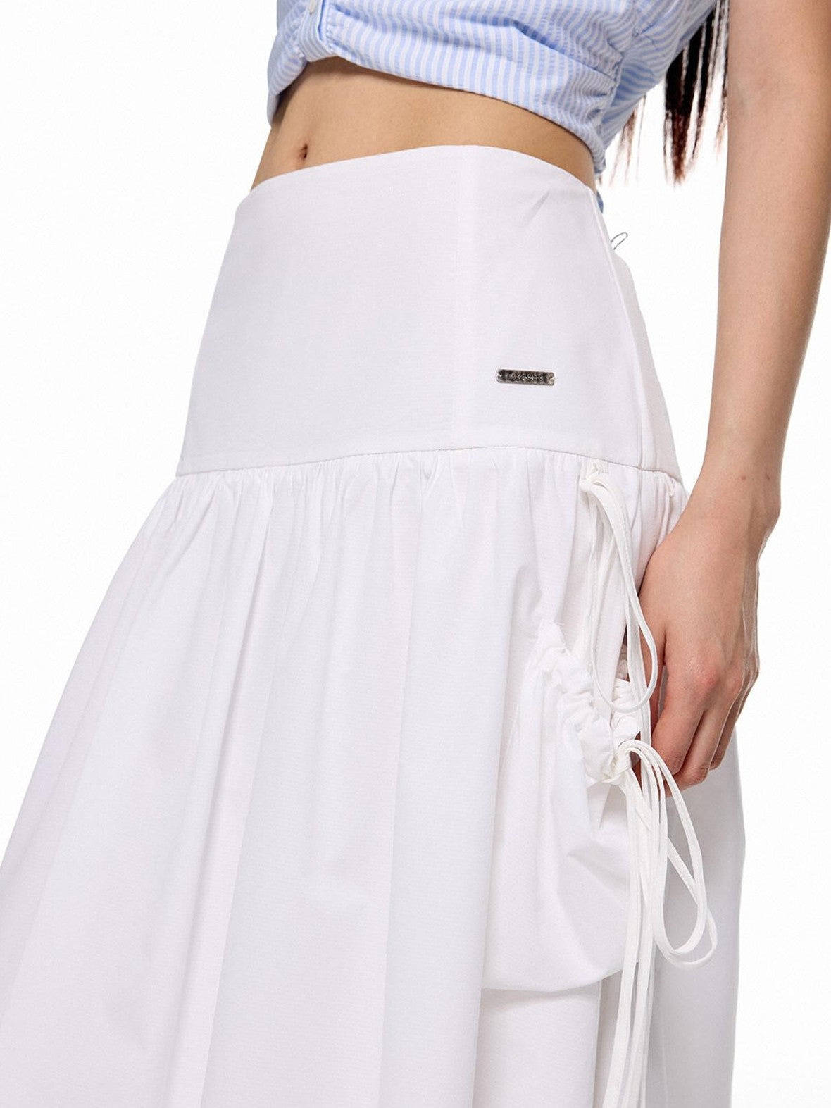 EZEK Flowing White Draped Tie Detail A Line Elastic Waist Women's Maxi Skirts