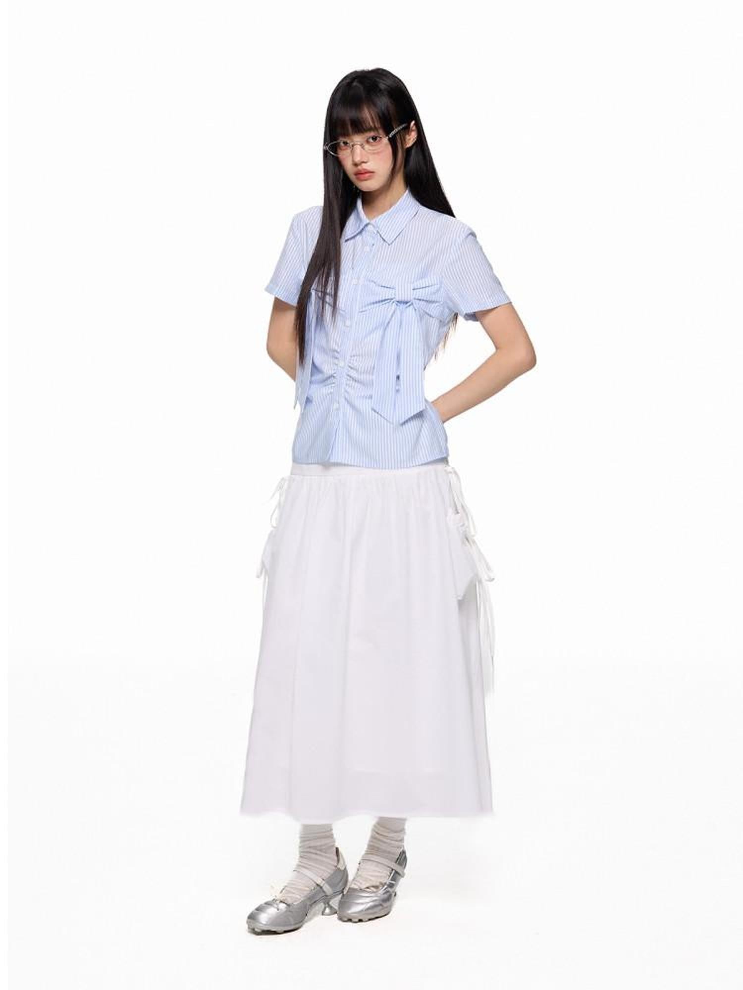 EZEK Flowing White Draped Tie Detail A Line Elastic Waist Women's Maxi Skirts