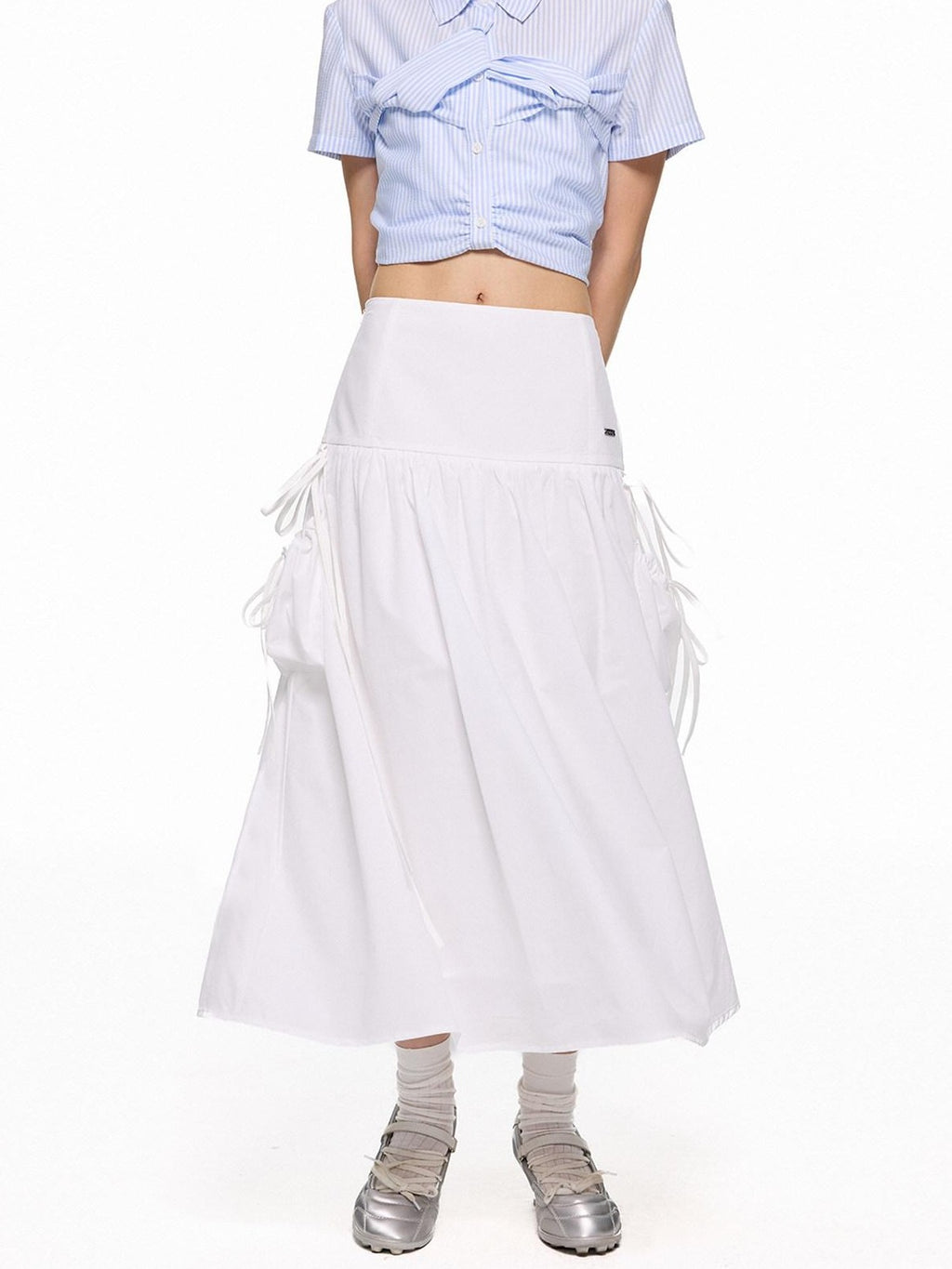 EZEK Flowing White Draped Tie Detail A Line Elastic Waist Women's Maxi Skirts