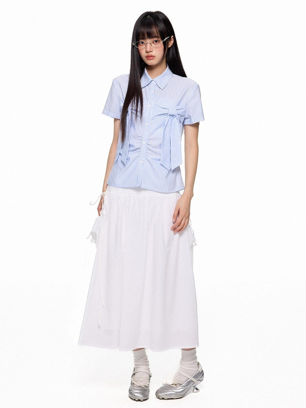 EZEK Flowing White Draped Tie Detail A Line Elastic Waist Women's Maxi Skirts
