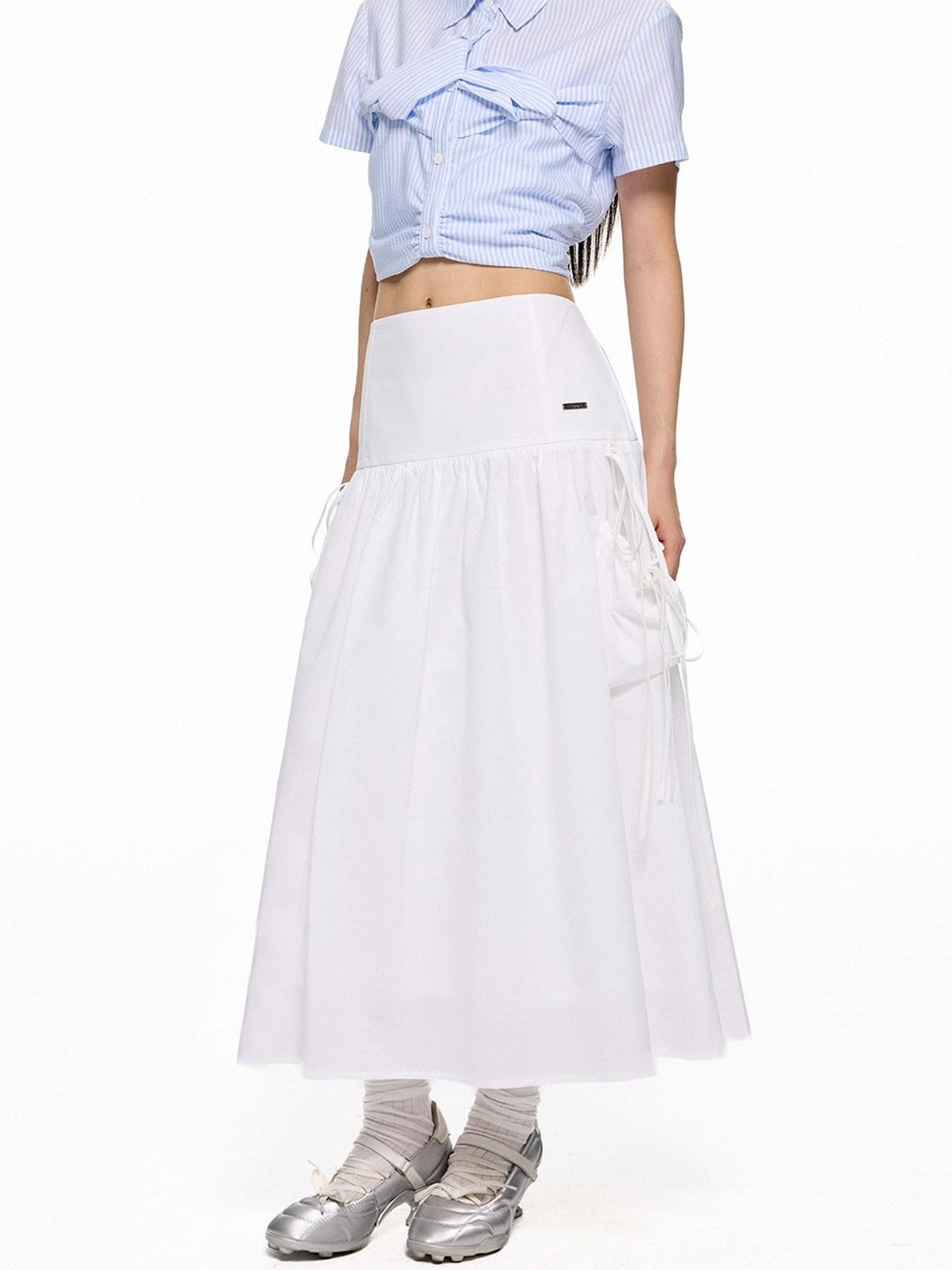 EZEK Flowing White Draped Tie Detail A Line Elastic Waist Women's Maxi Skirts