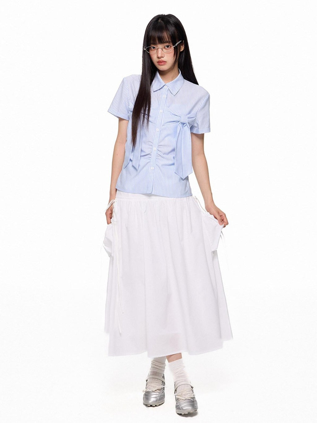 EZEK Flowing White Draped Tie Detail A Line Elastic Waist Women's Maxi Skirts