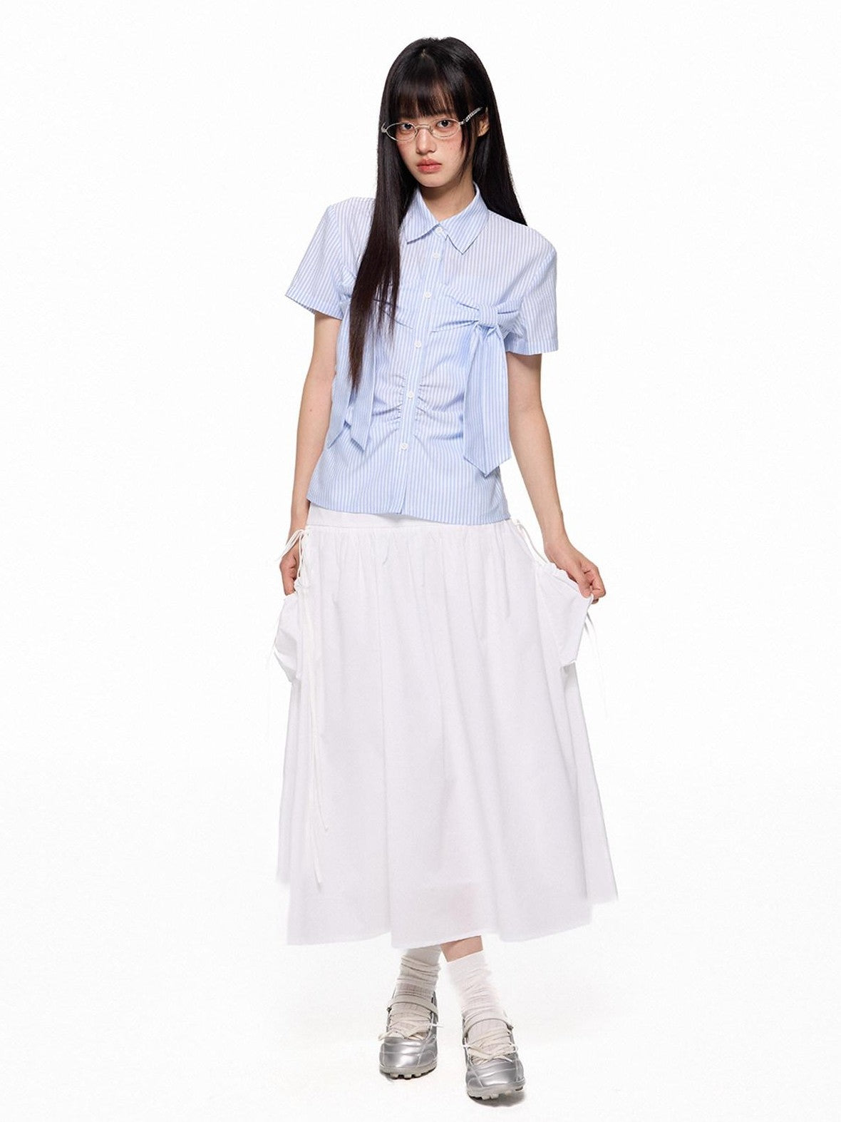 EZEK Flowing White Draped Tie Detail A Line Elastic Waist Women's Maxi Skirts
