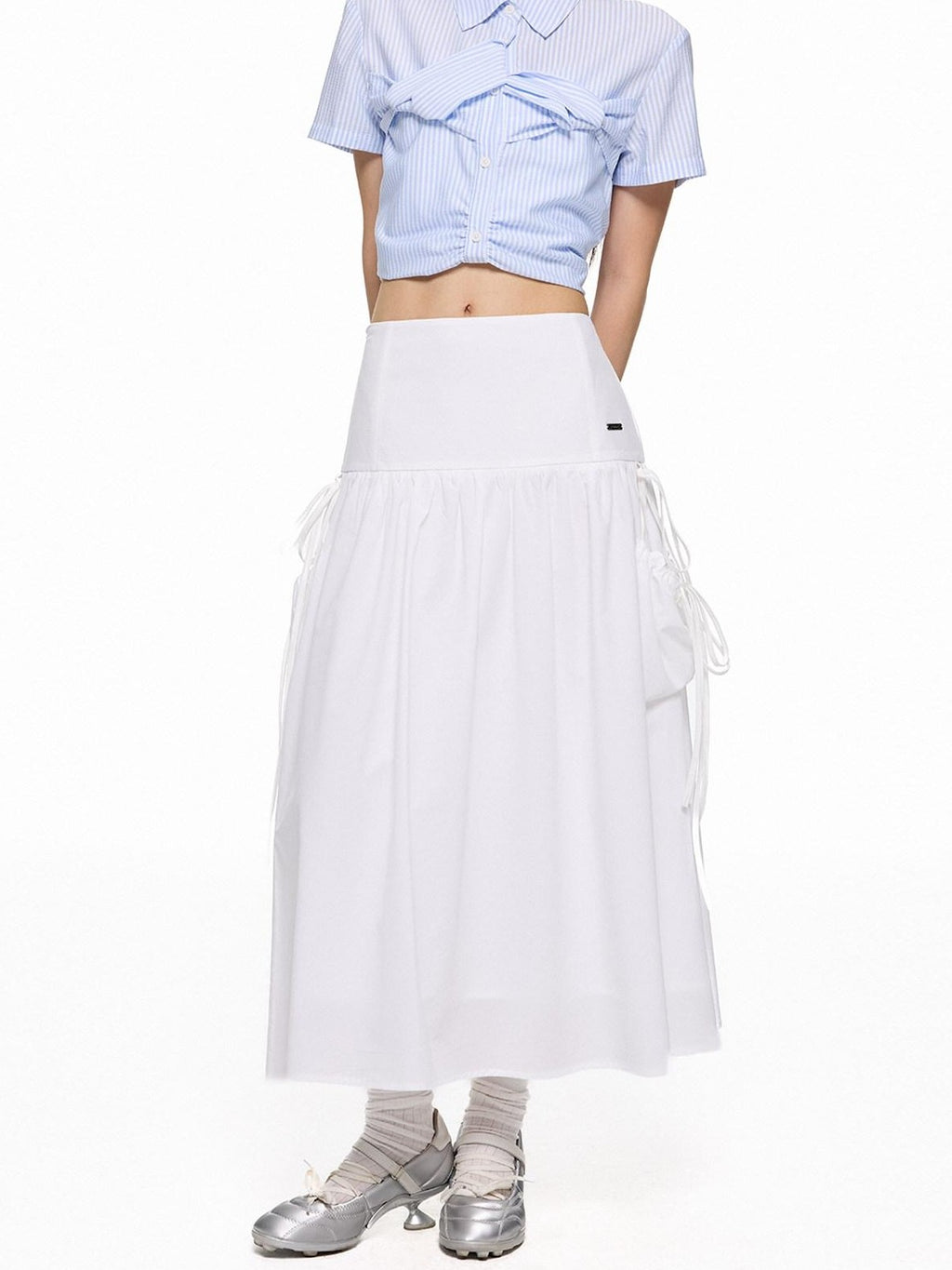 EZEK Flowing White Draped Tie Detail A Line Elastic Waist Women's Maxi Skirts