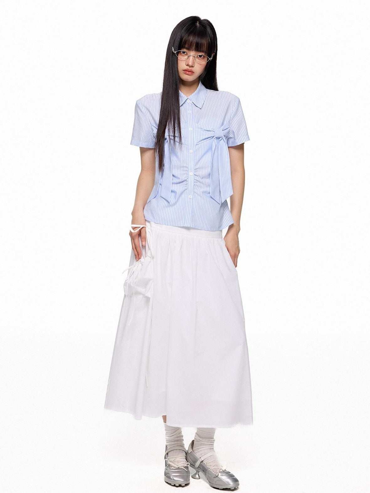 EZEK Flowing White Draped Tie Detail A Line Elastic Waist Women's Maxi Skirts