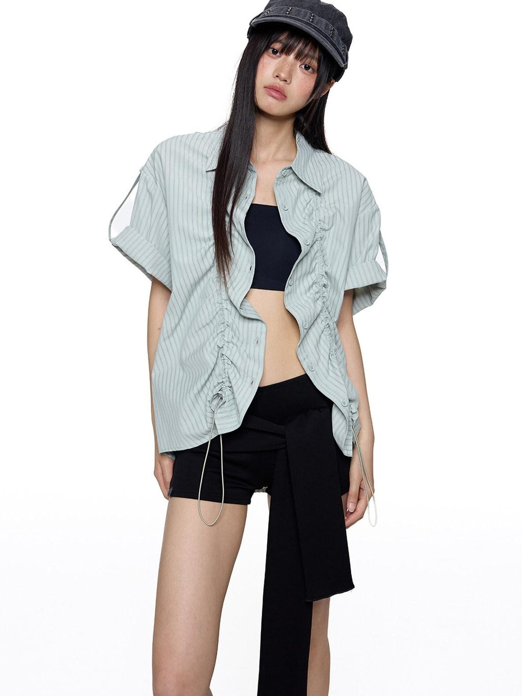 EZEK French Striped Lapel Button Short Sleeve Women's Lightweight Breathable Blouses