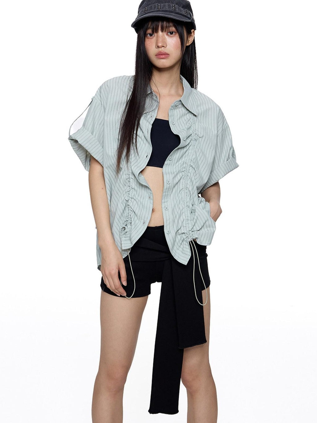 EZEK French Striped Lapel Button Short Sleeve Women's Lightweight Breathable Blouses