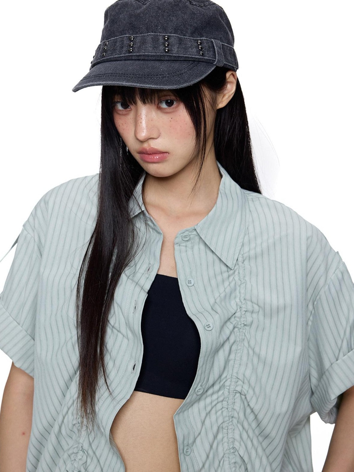 EZEK French Striped Lapel Button Short Sleeve Women's Lightweight Breathable Blouses