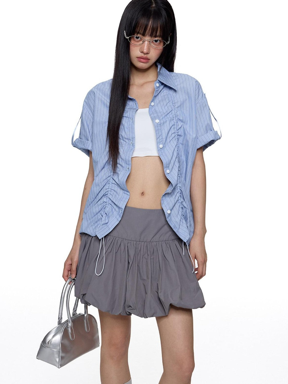 EZEK French Striped Lapel Button Short Sleeve Women's Lightweight Breathable Blouses
