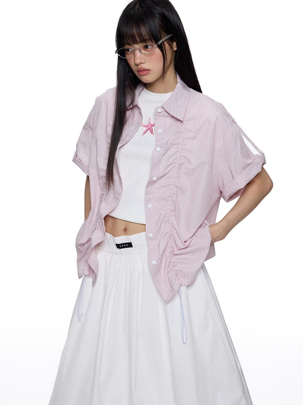 EZEK French Striped Lapel Button Short Sleeve Women's Lightweight Breathable Blouses