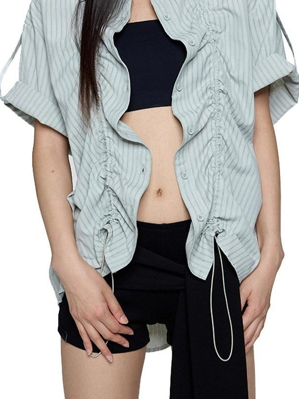 EZEK French Striped Lapel Button Short Sleeve Women's Lightweight Breathable Blouses