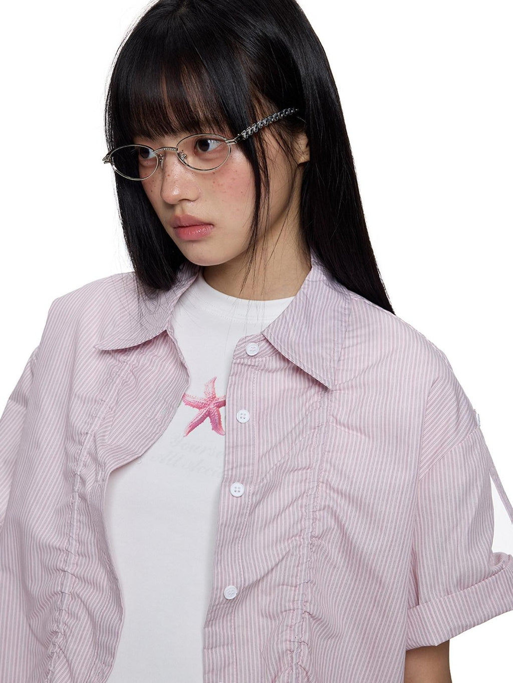 EZEK French Striped Lapel Button Short Sleeve Women's Lightweight Breathable Blouses