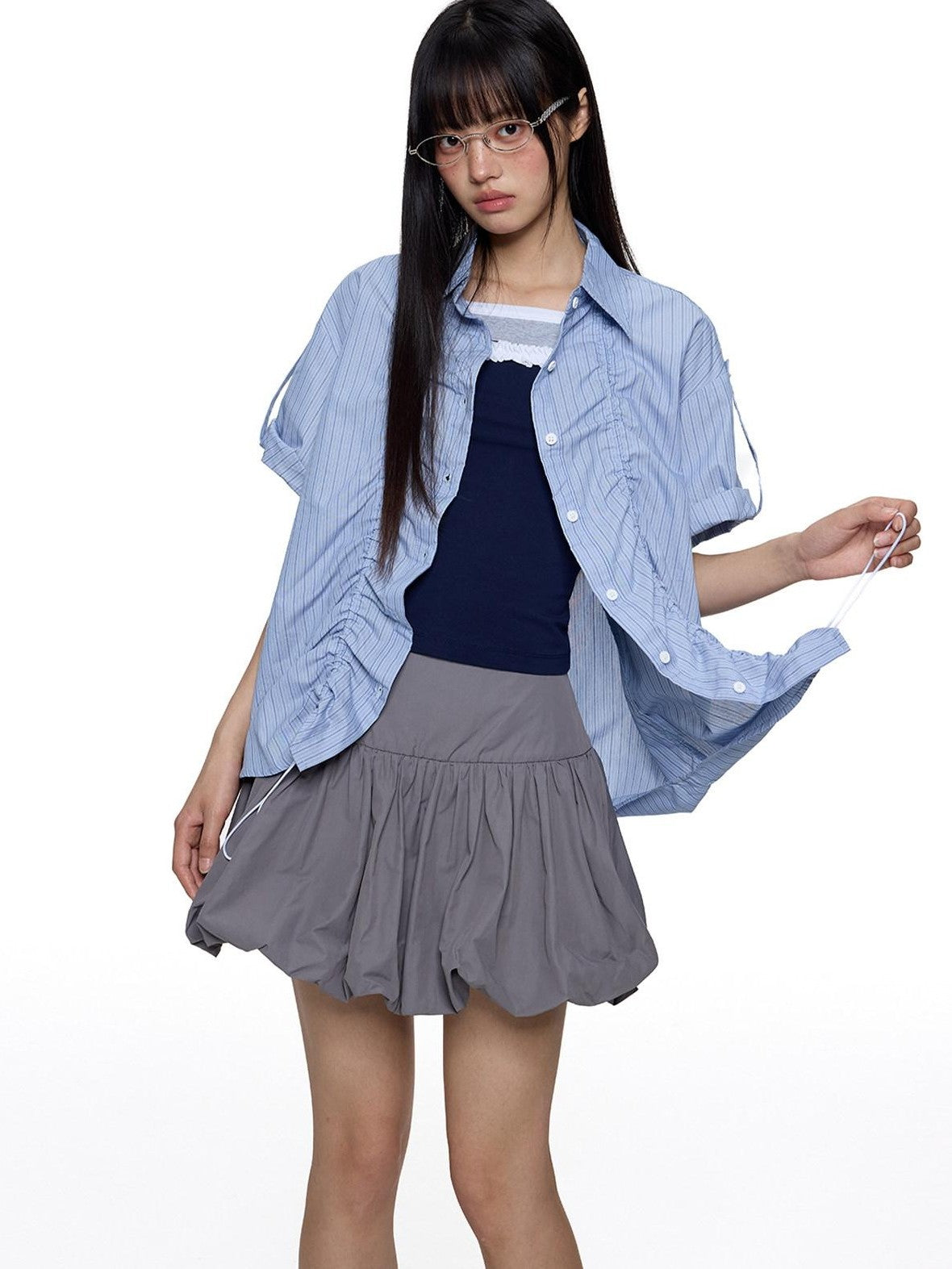 EZEK French Striped Lapel Button Short Sleeve Women's Lightweight Breathable Blouses
