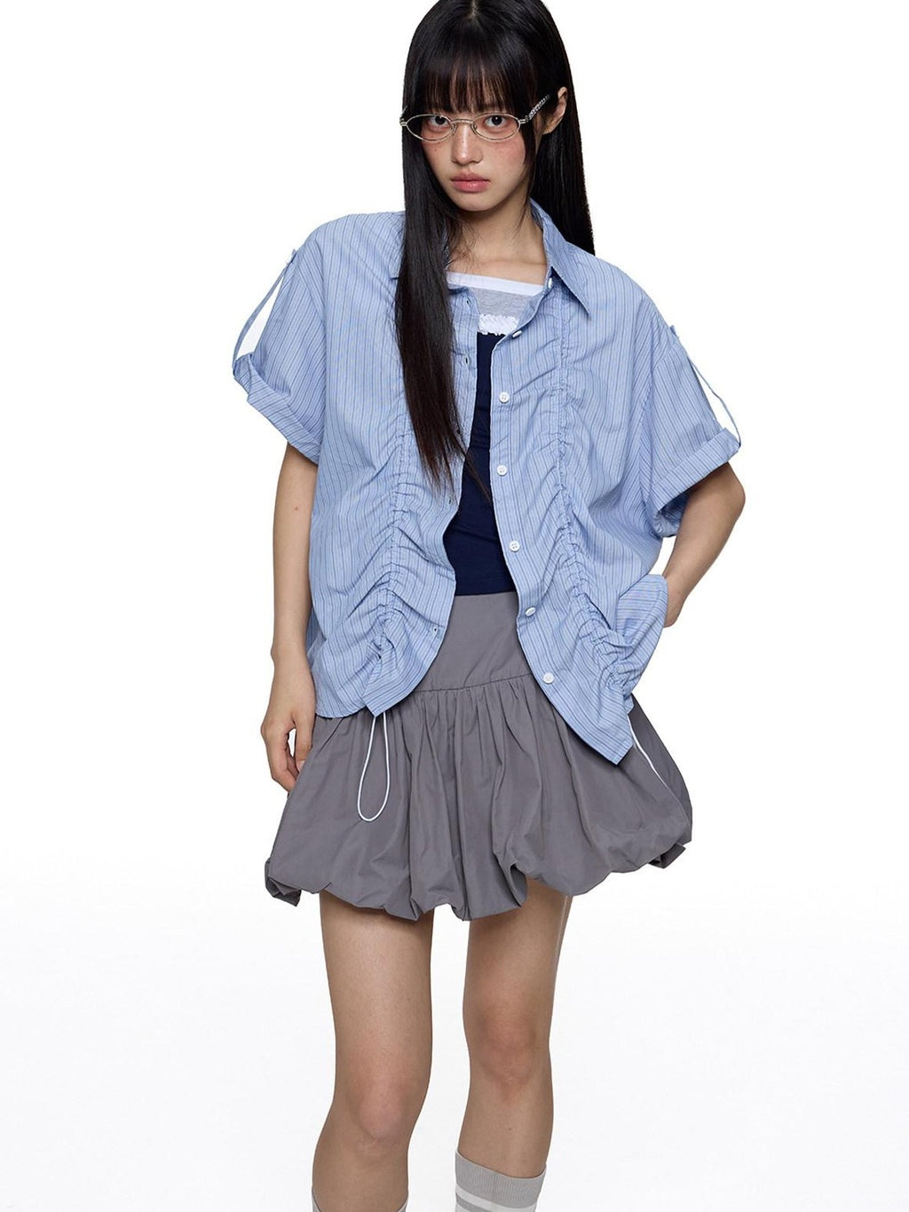 EZEK French Striped Lapel Button Short Sleeve Women's Lightweight Breathable Blouses