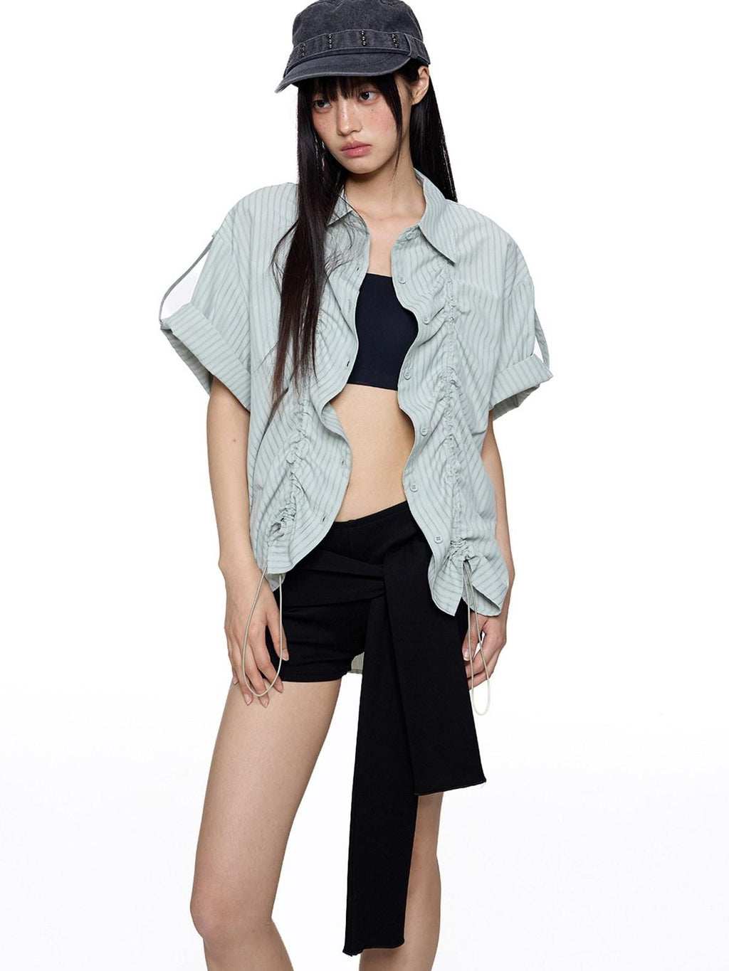 EZEK French Striped Lapel Button Short Sleeve Women's Lightweight Breathable Blouses