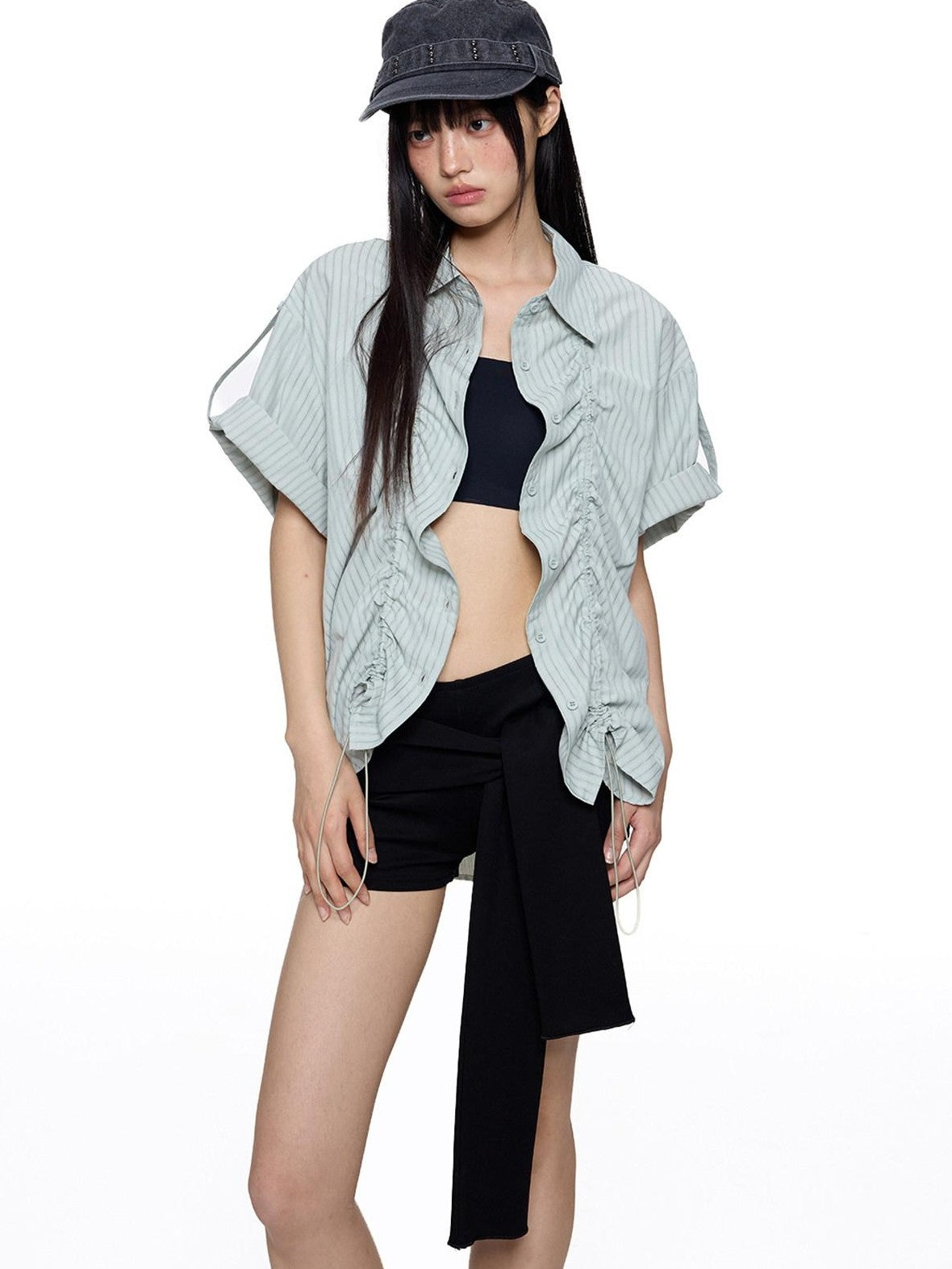 EZEK French Striped Lapel Button Short Sleeve Women's Lightweight Breathable Blouses