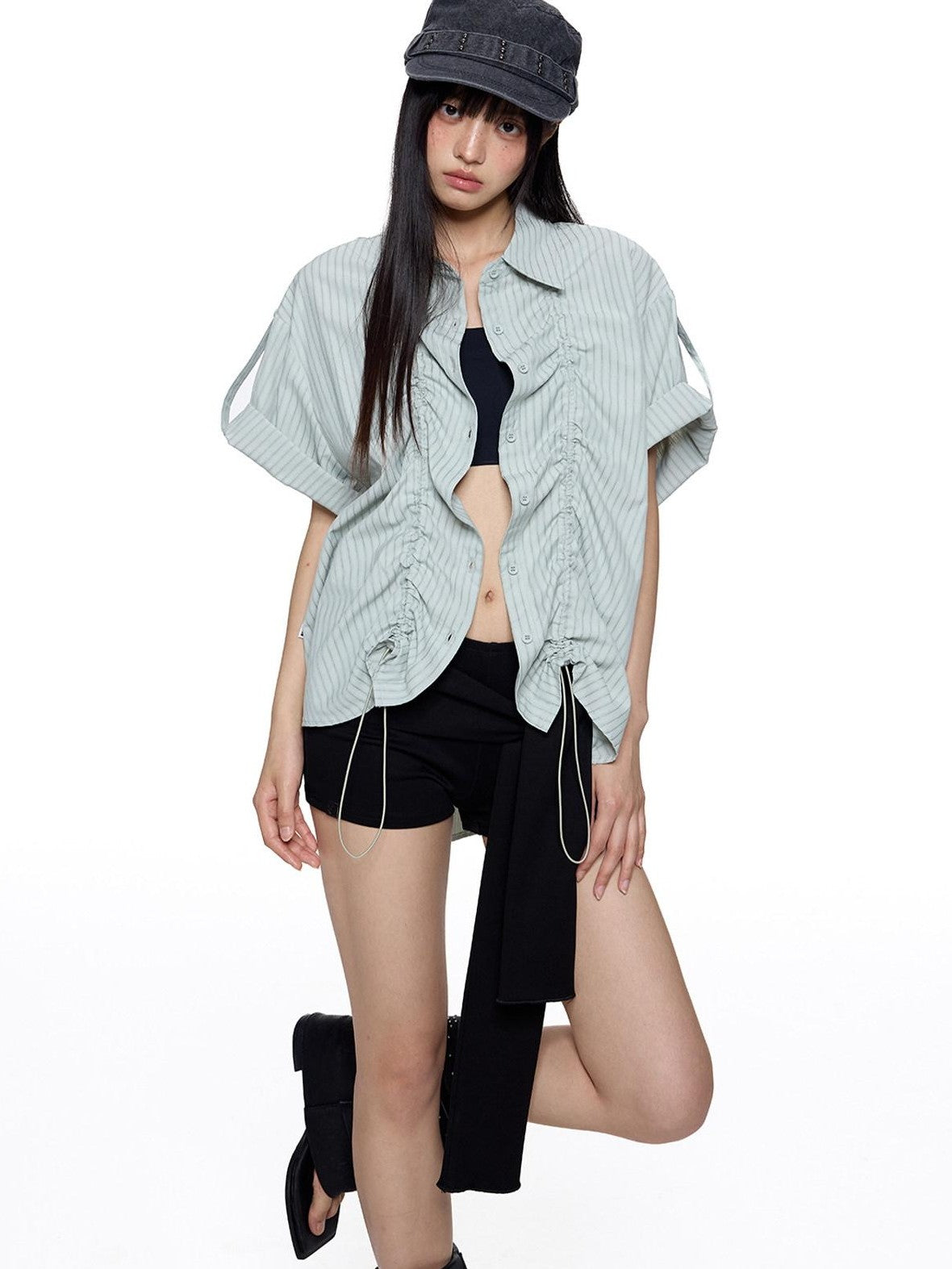 EZEK French Striped Lapel Button Short Sleeve Women's Lightweight Breathable Blouses