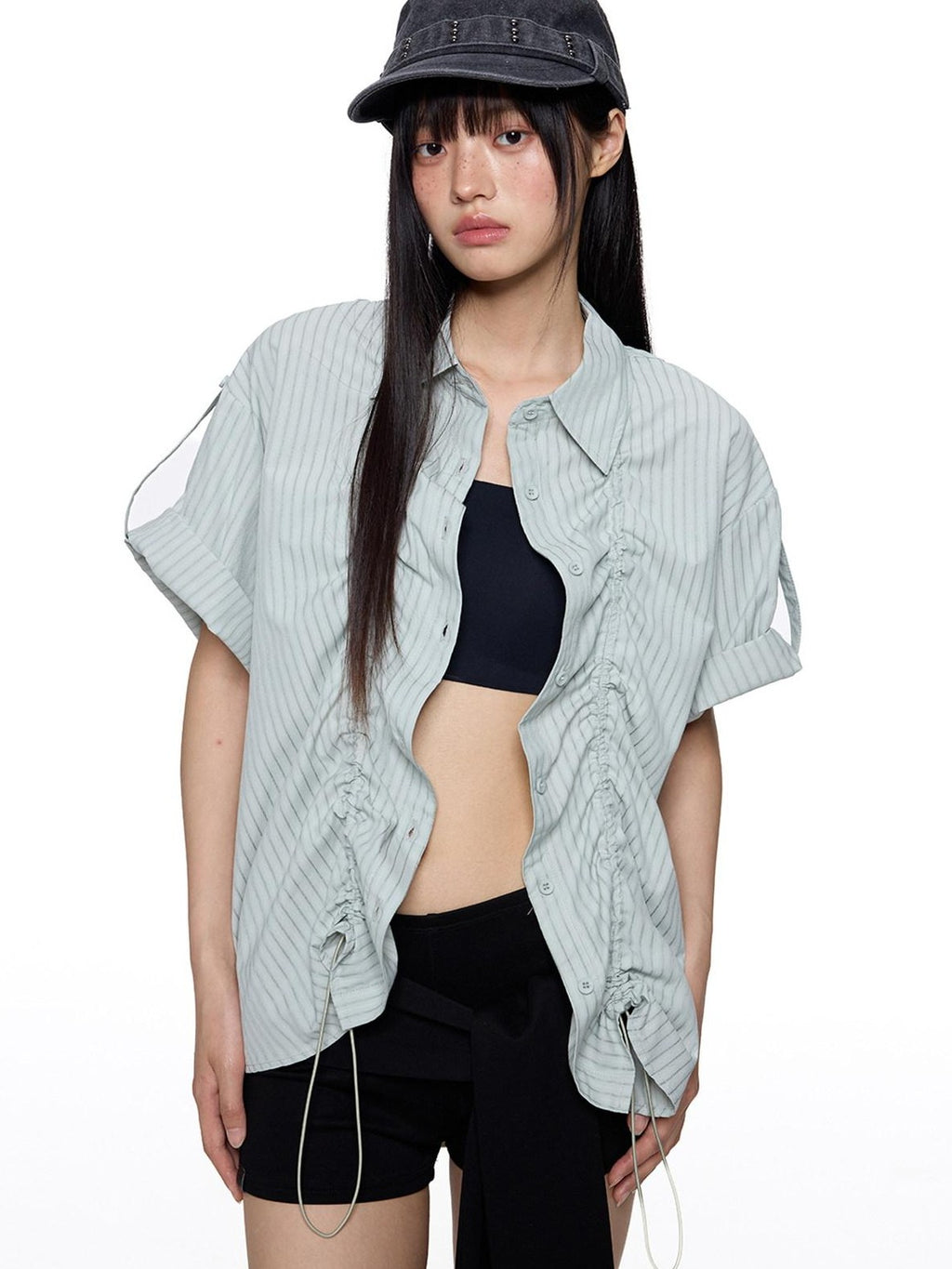 EZEK French Striped Lapel Button Short Sleeve Women's Lightweight Breathable Blouses