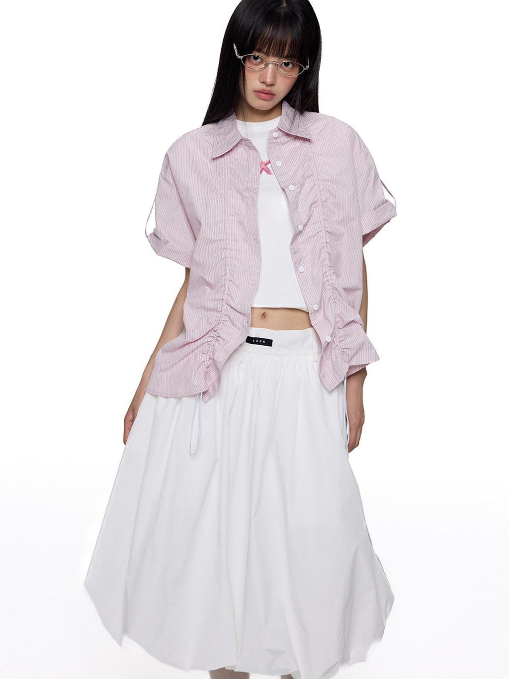 EZEK French Striped Lapel Button Short Sleeve Women's Lightweight Breathable Blouses