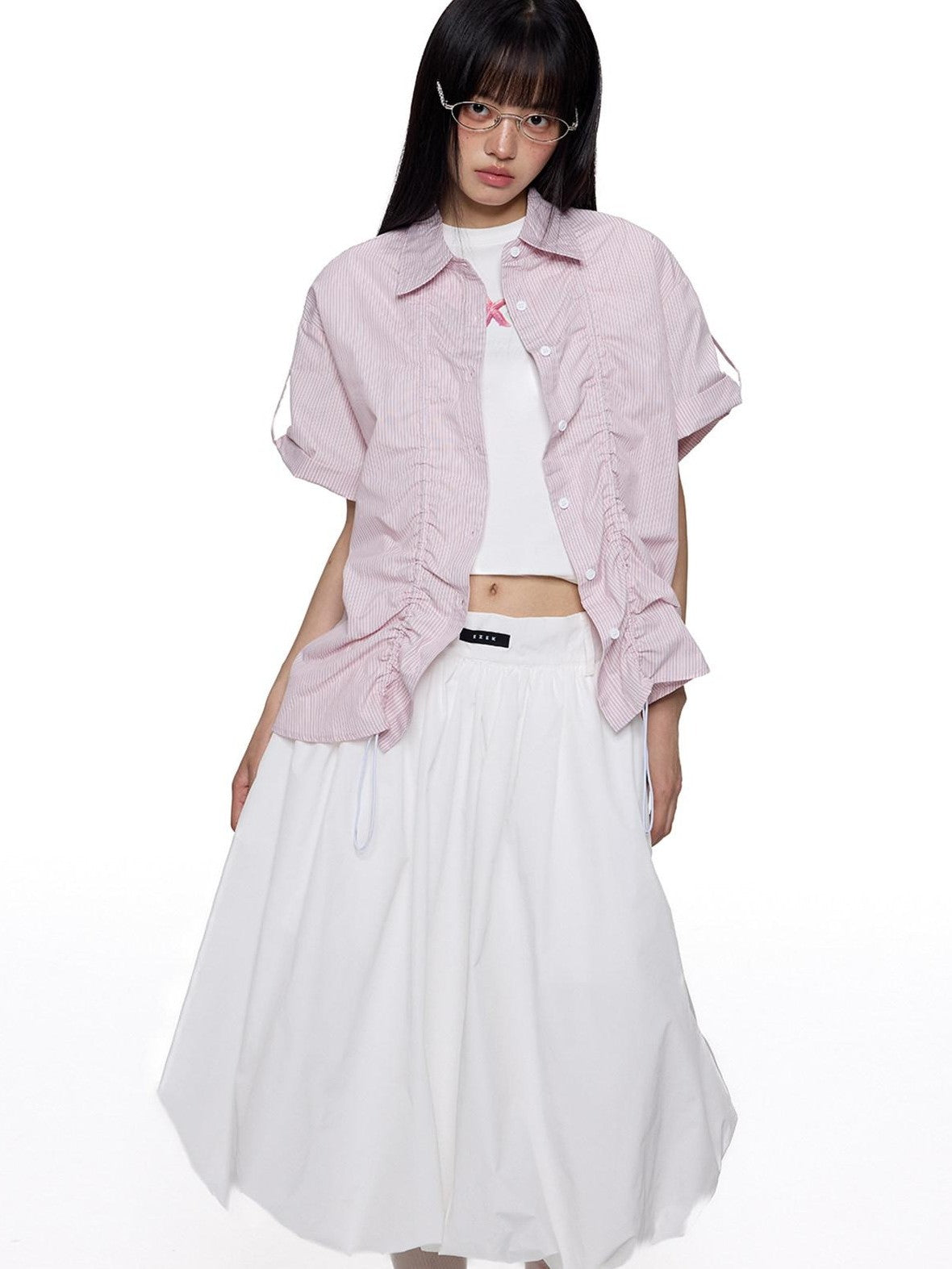 EZEK French Striped Lapel Button Short Sleeve Women's Lightweight Breathable Blouses