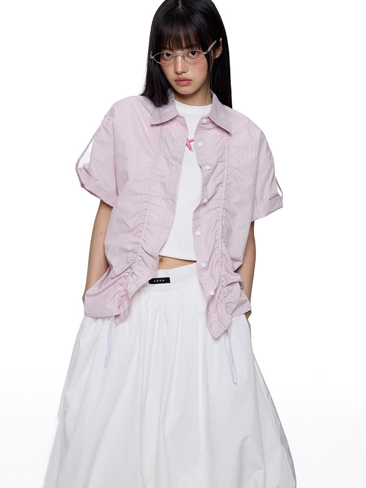 EZEK French Striped Lapel Button Short Sleeve Women's Lightweight Breathable Blouses