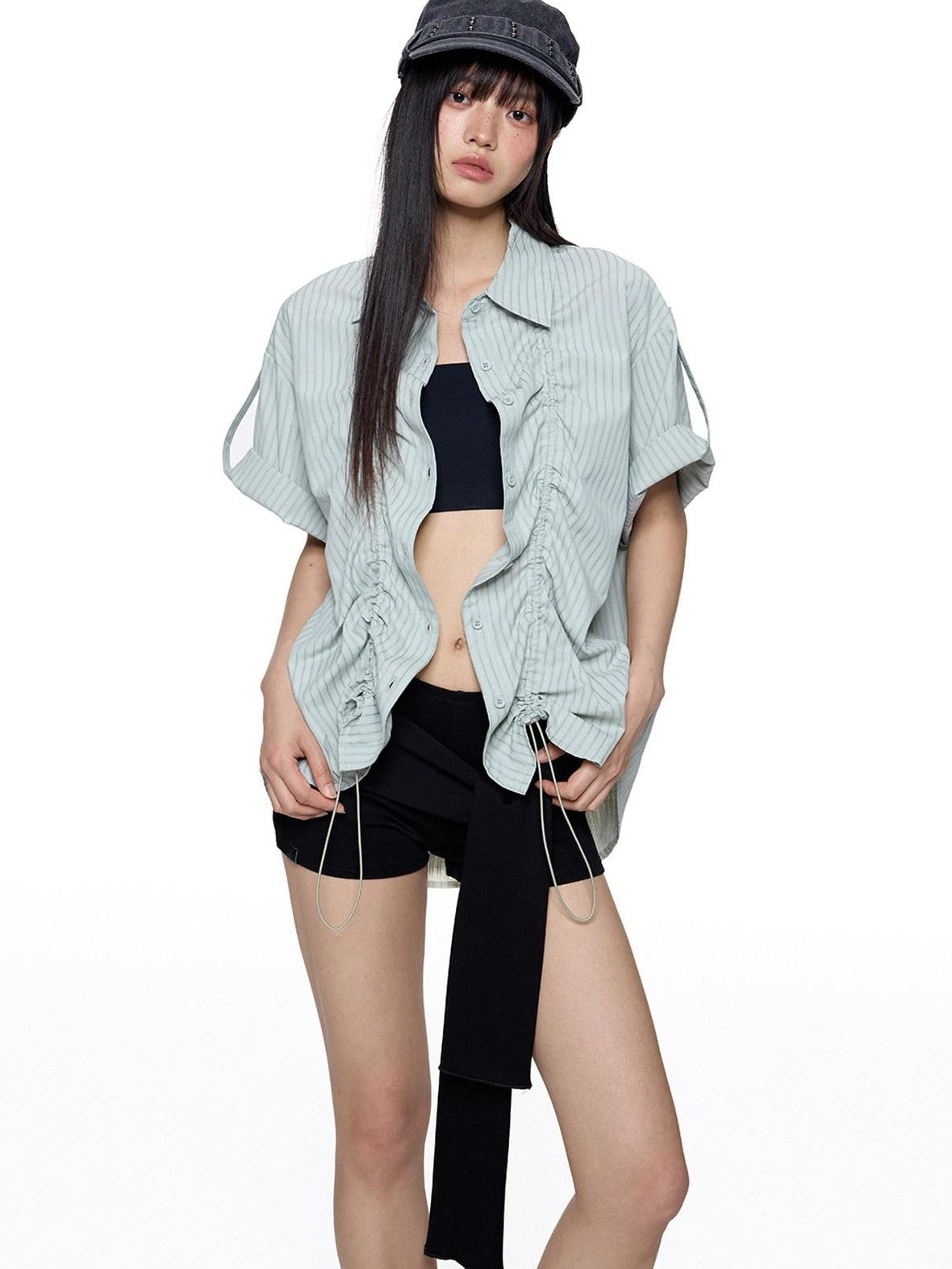 EZEK French Striped Lapel Button Short Sleeve Women's Lightweight Breathable Blouses