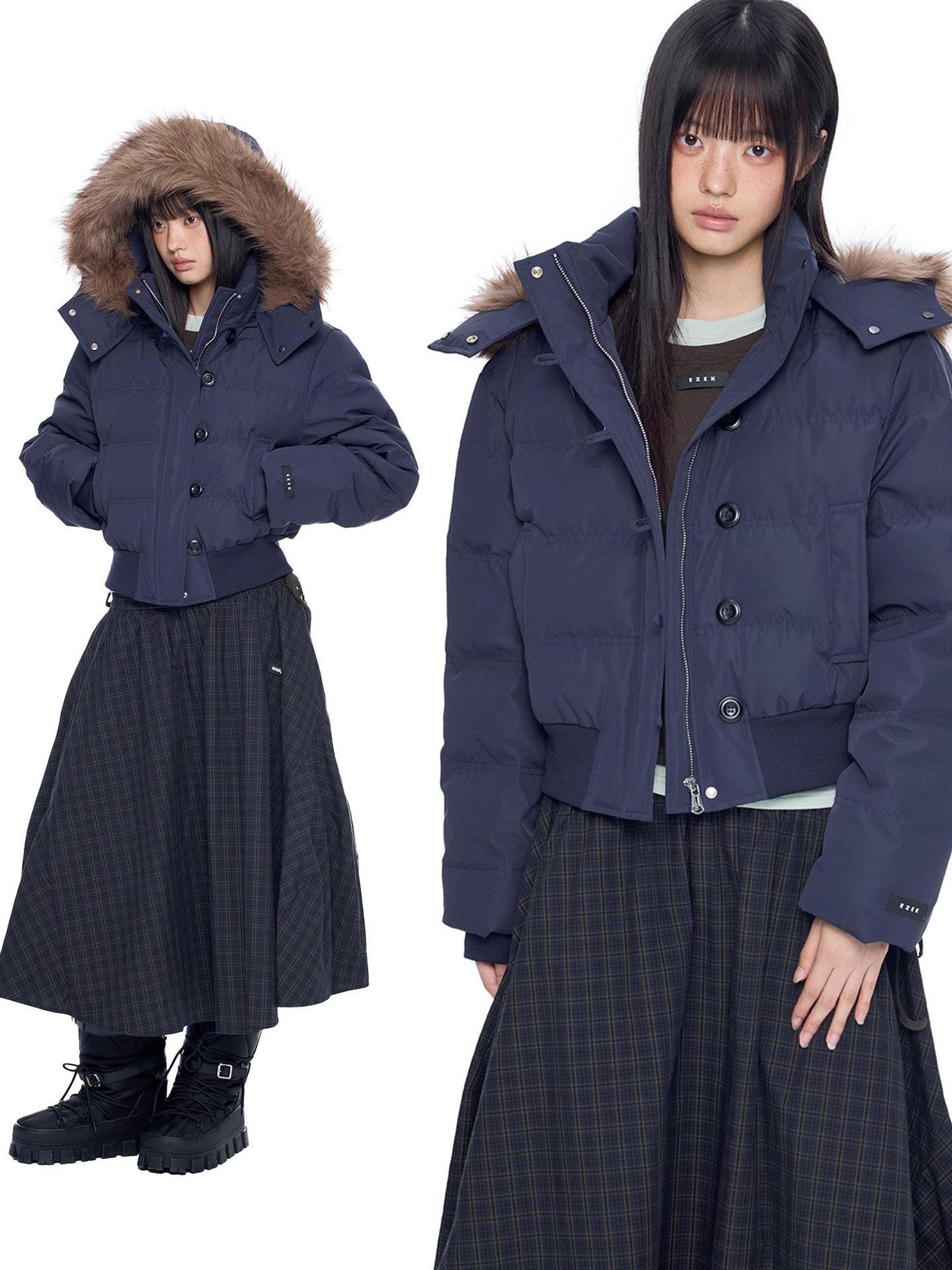 EZEK Fur Collar Detachable Hood Cropped Loose Pockets Women's Down Jackets
