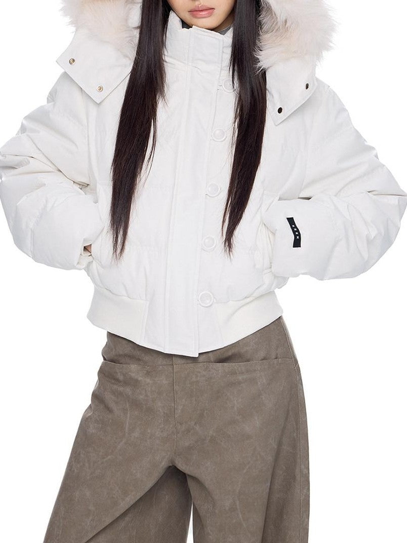EZEK Fur Collar Detachable Hood Cropped Loose Pockets Women's Down Jackets