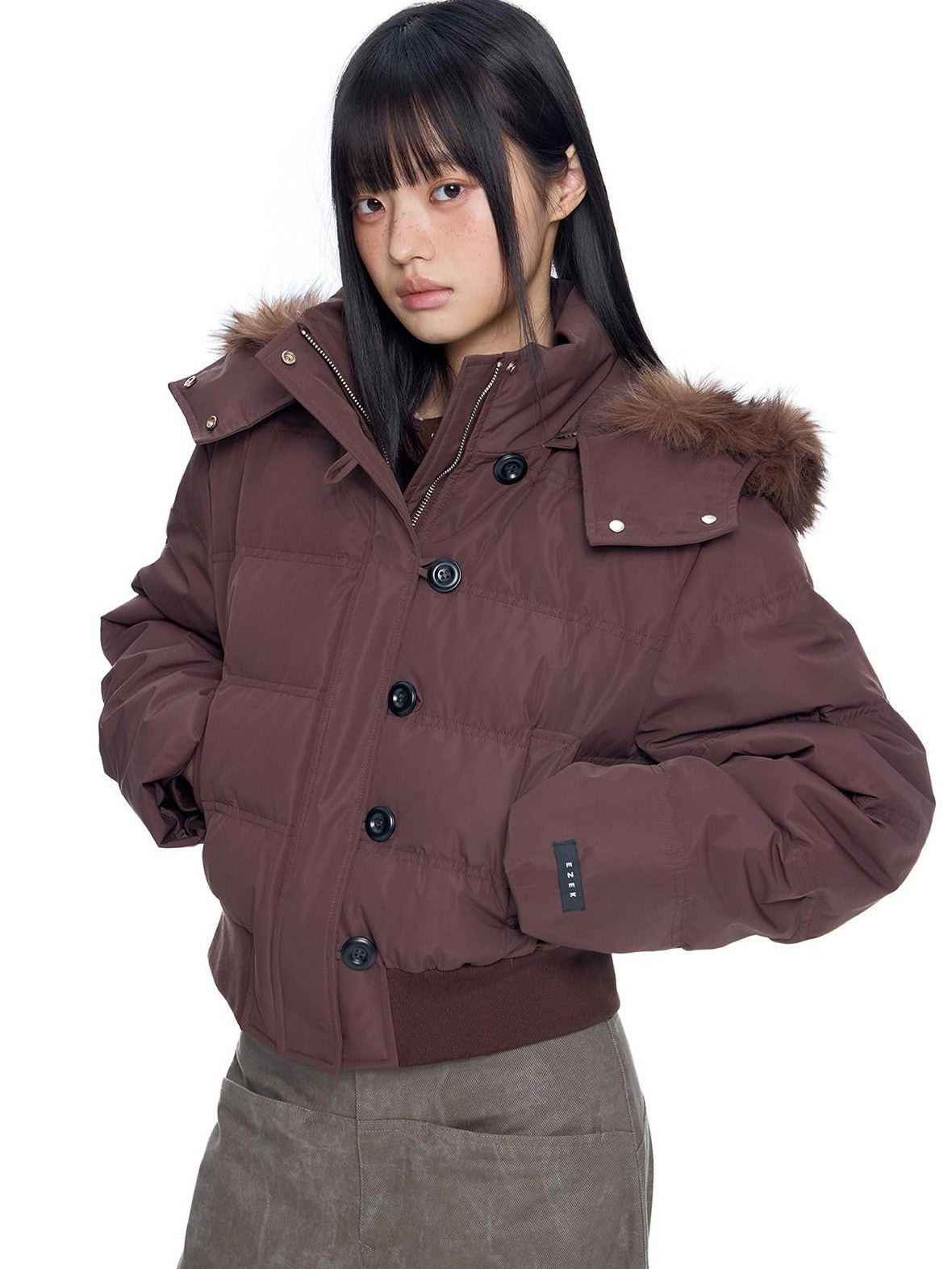 EZEK Fur Collar Detachable Hood Cropped Loose Pockets Women's Down Jackets