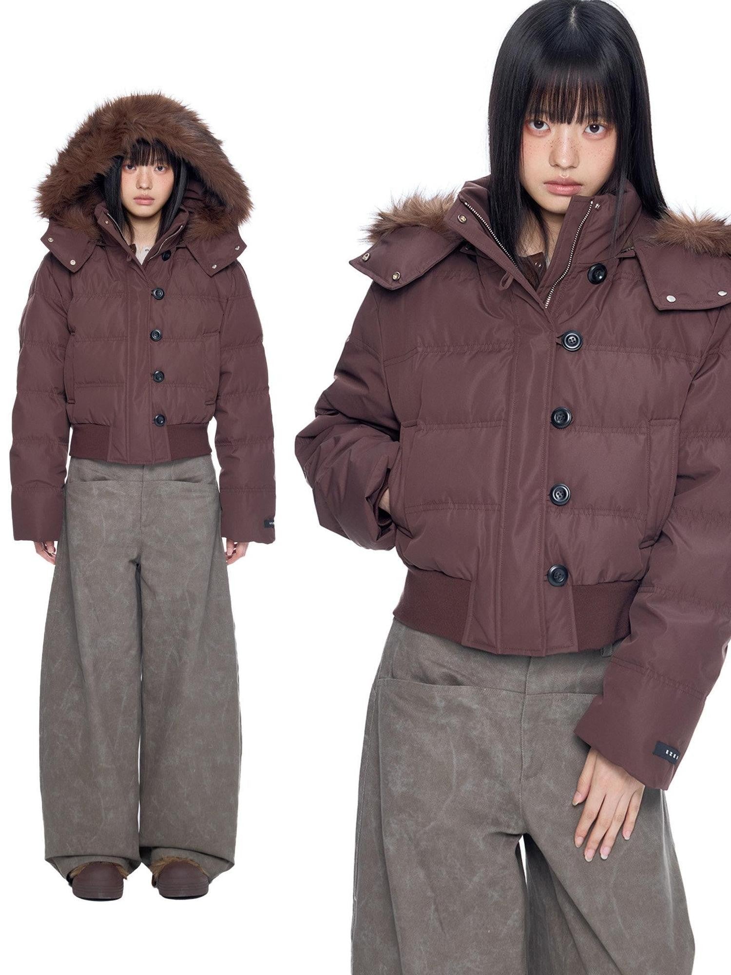 EZEK Fur Collar Detachable Hood Cropped Loose Pockets Women's Down Jackets