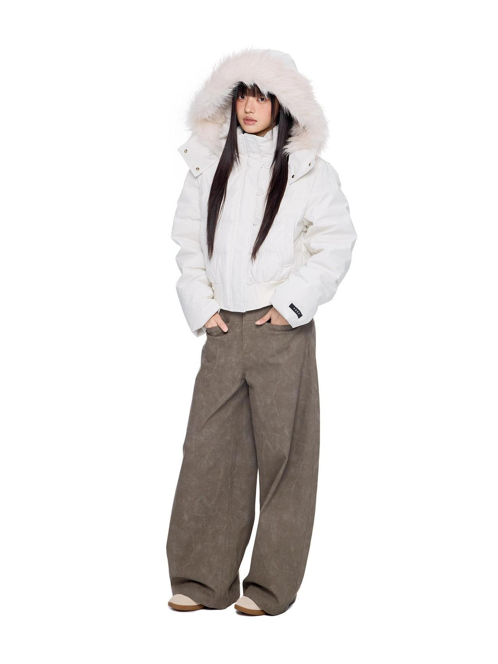 EZEK Fur Collar Detachable Hood Cropped Loose Pockets Women's Down Jackets