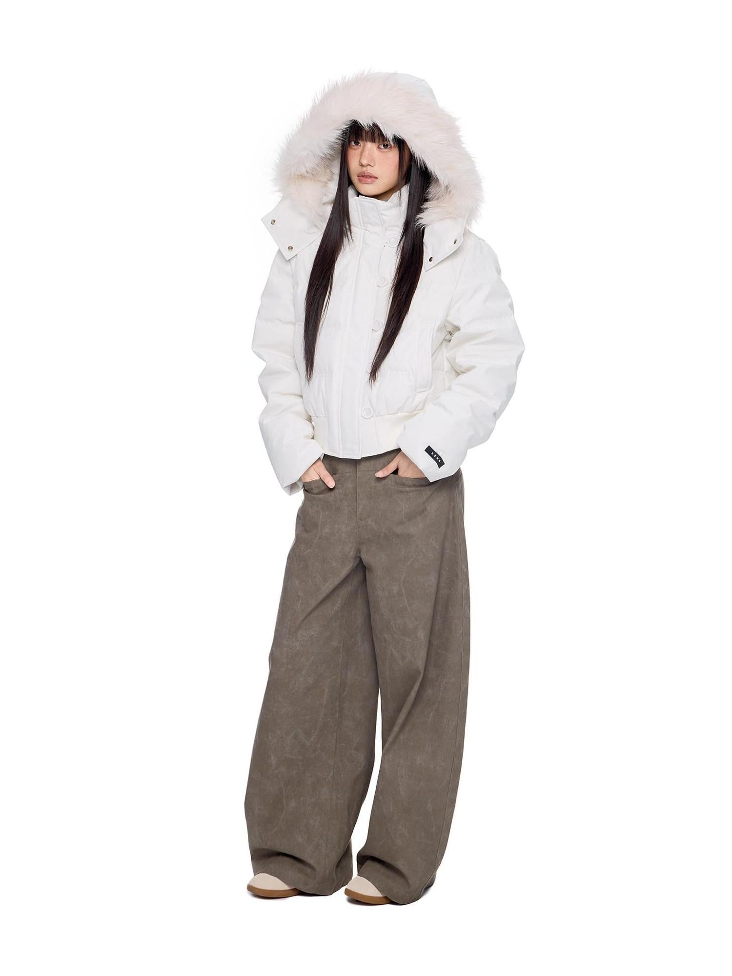 EZEK Fur Collar Detachable Hood Cropped Loose Pockets Women's Down Jackets