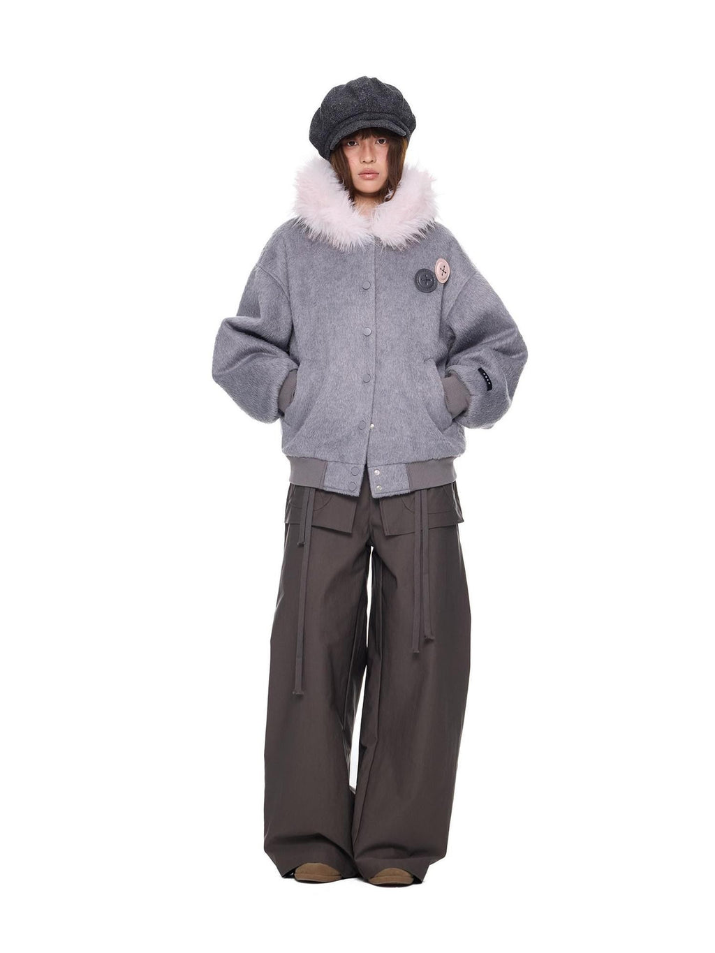EZEK Fur Collar Hooded Colorblock Oversized Women's Wool Blend Puffer Jackets
