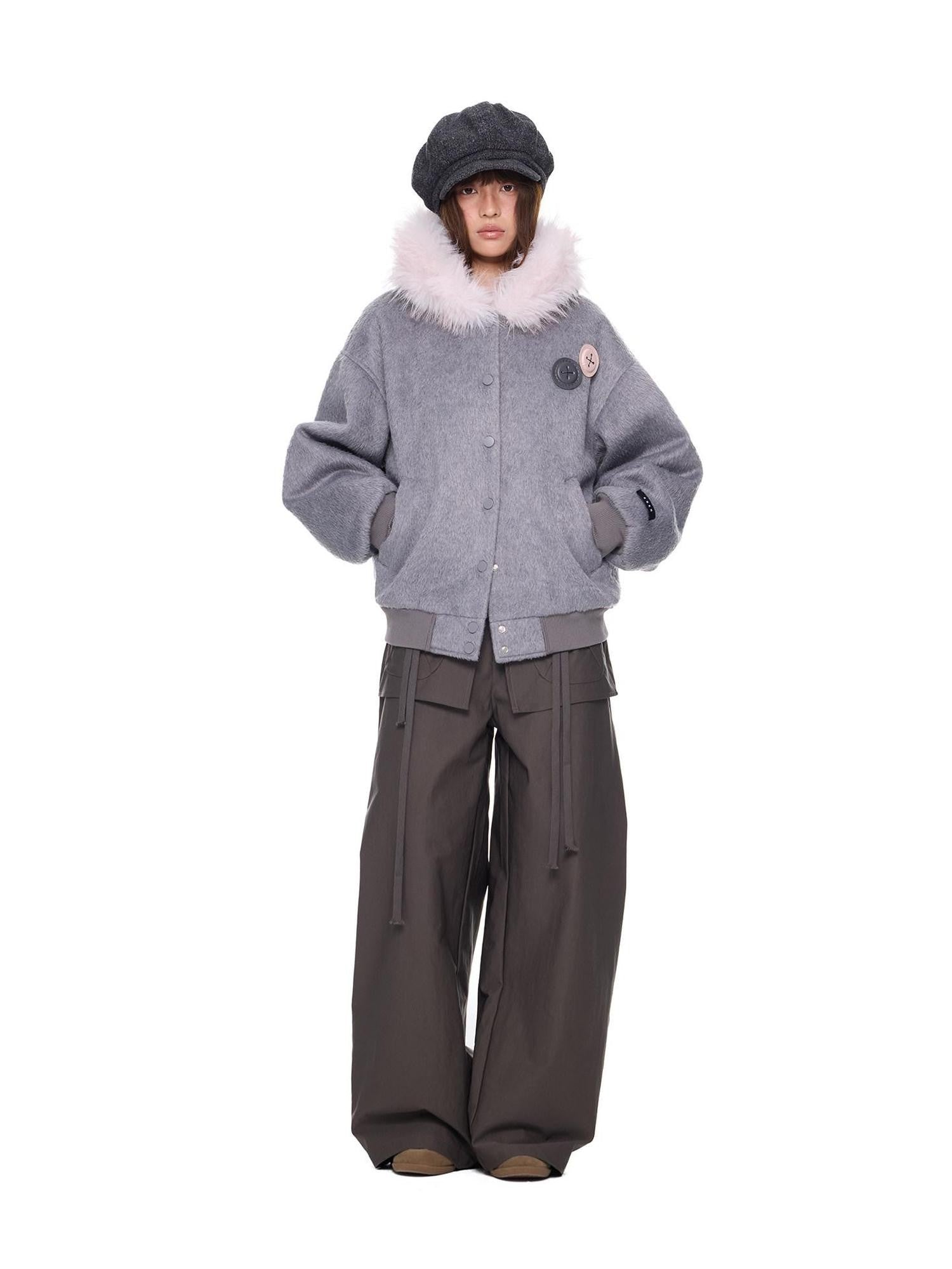 EZEK Fur Collar Hooded Colorblock Oversized Women's Wool Blend Puffer Jackets