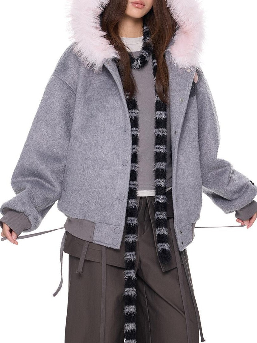 EZEK Fur Collar Hooded Colorblock Oversized Women's Wool Blend Puffer Jackets