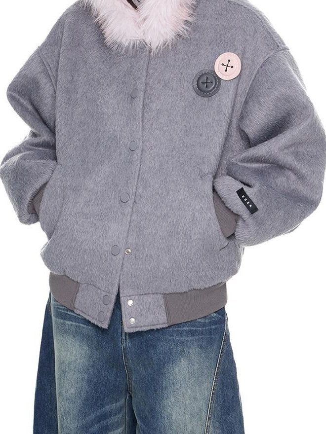 EZEK Fur Collar Hooded Colorblock Oversized Women's Wool Blend Puffer Jackets