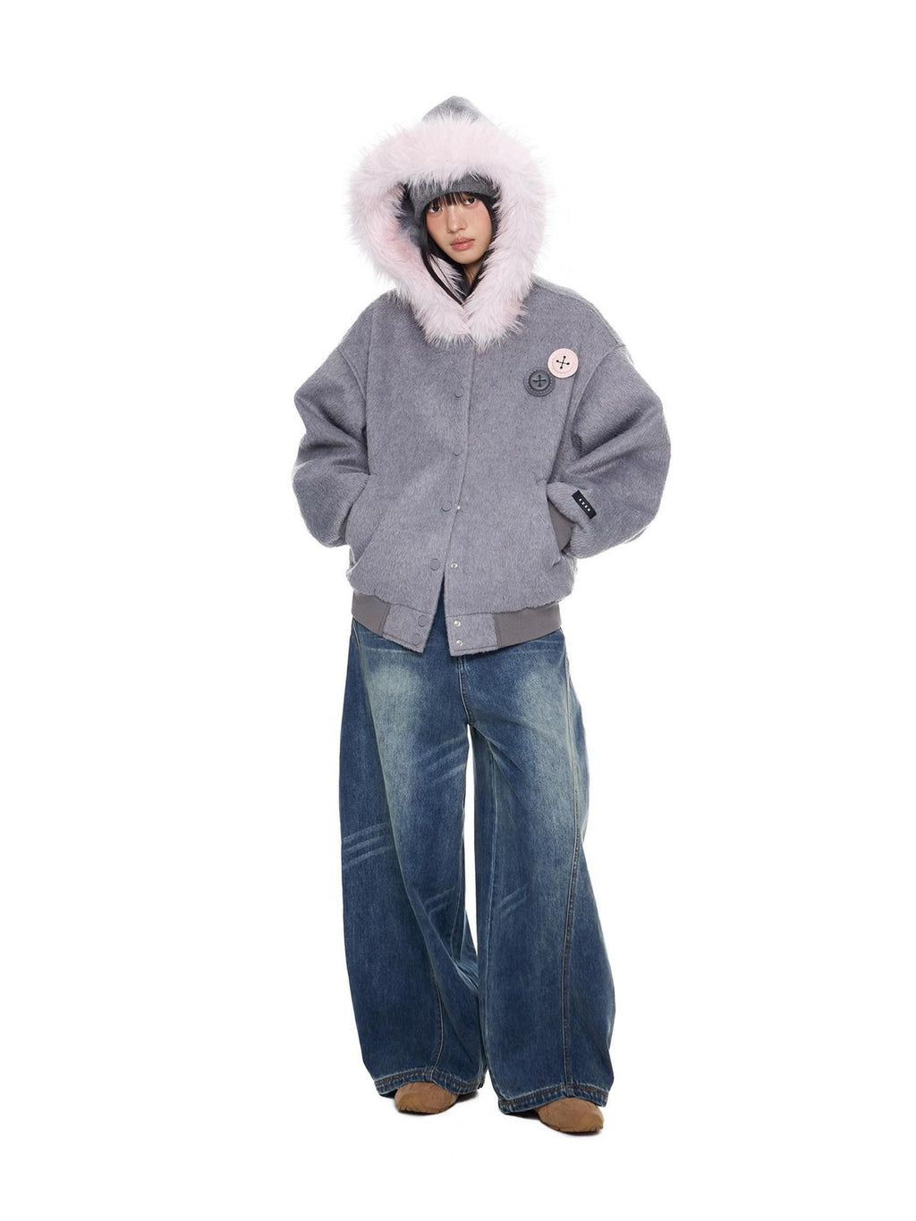 EZEK Fur Collar Hooded Colorblock Oversized Women's Wool Blend Puffer Jackets