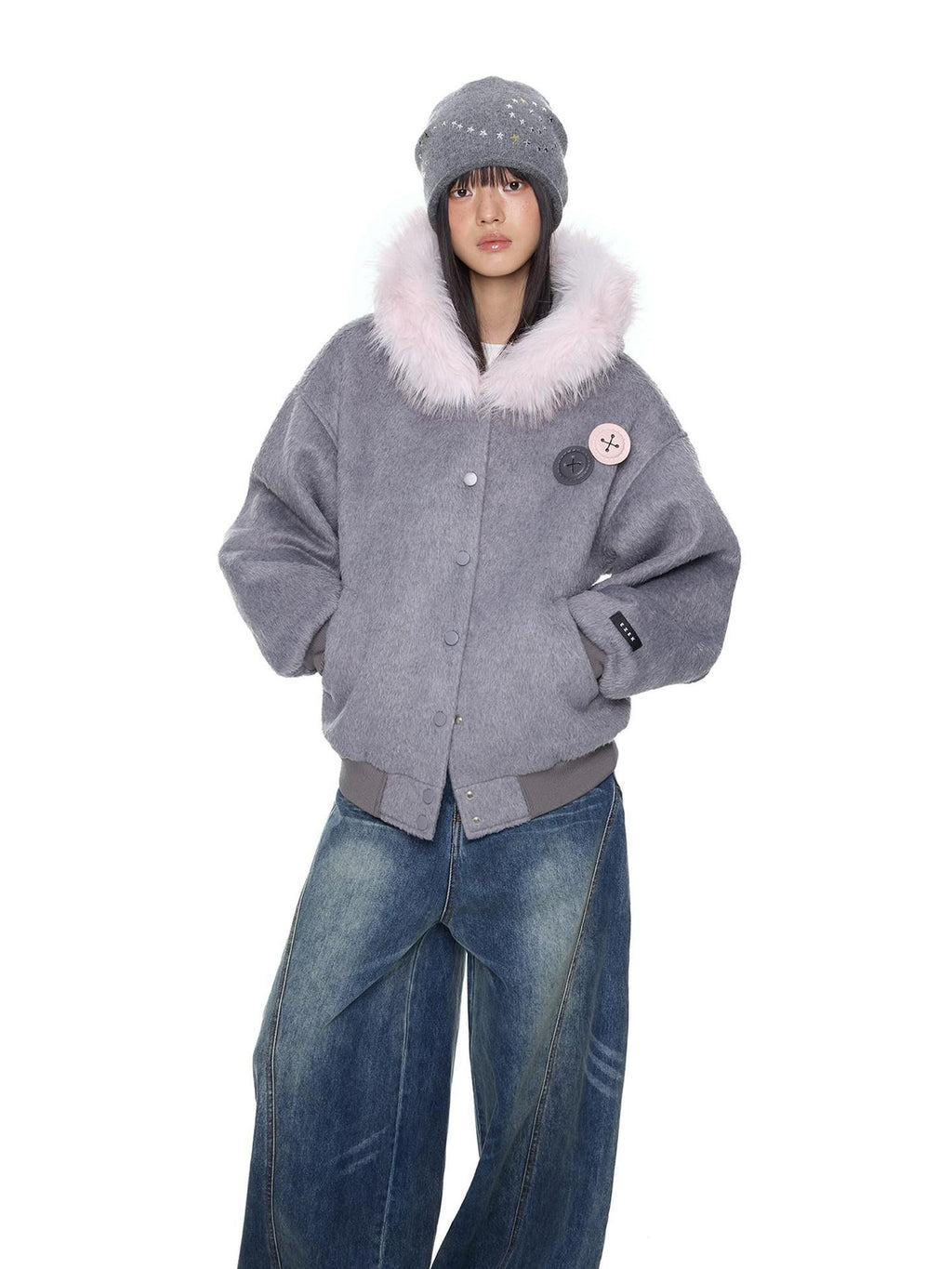 EZEK Fur Collar Hooded Colorblock Oversized Women's Wool Blend Puffer Jackets