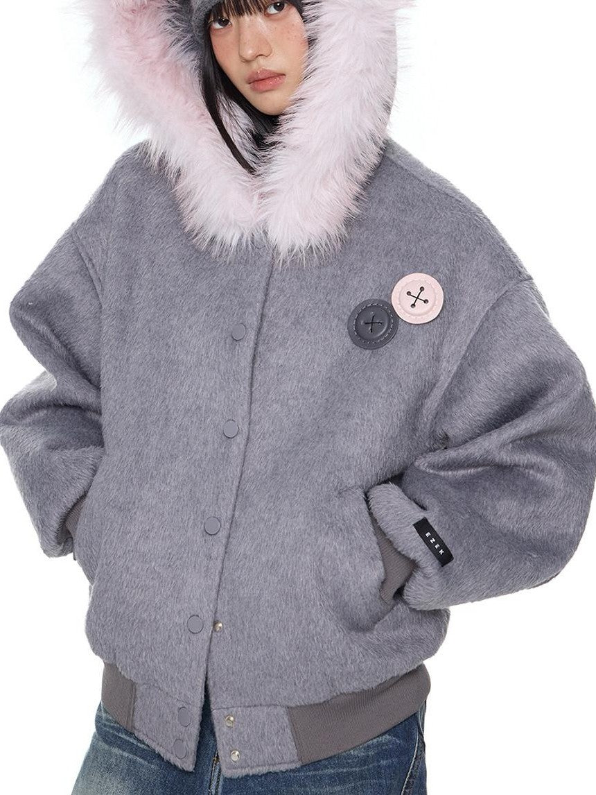 EZEK Fur Collar Hooded Colorblock Oversized Women's Wool Blend Puffer Jackets