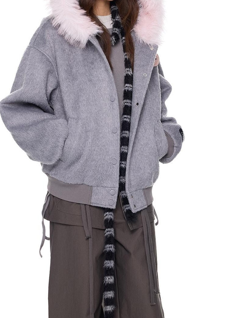 EZEK Fur Collar Hooded Colorblock Oversized Women's Wool Blend Puffer Jackets
