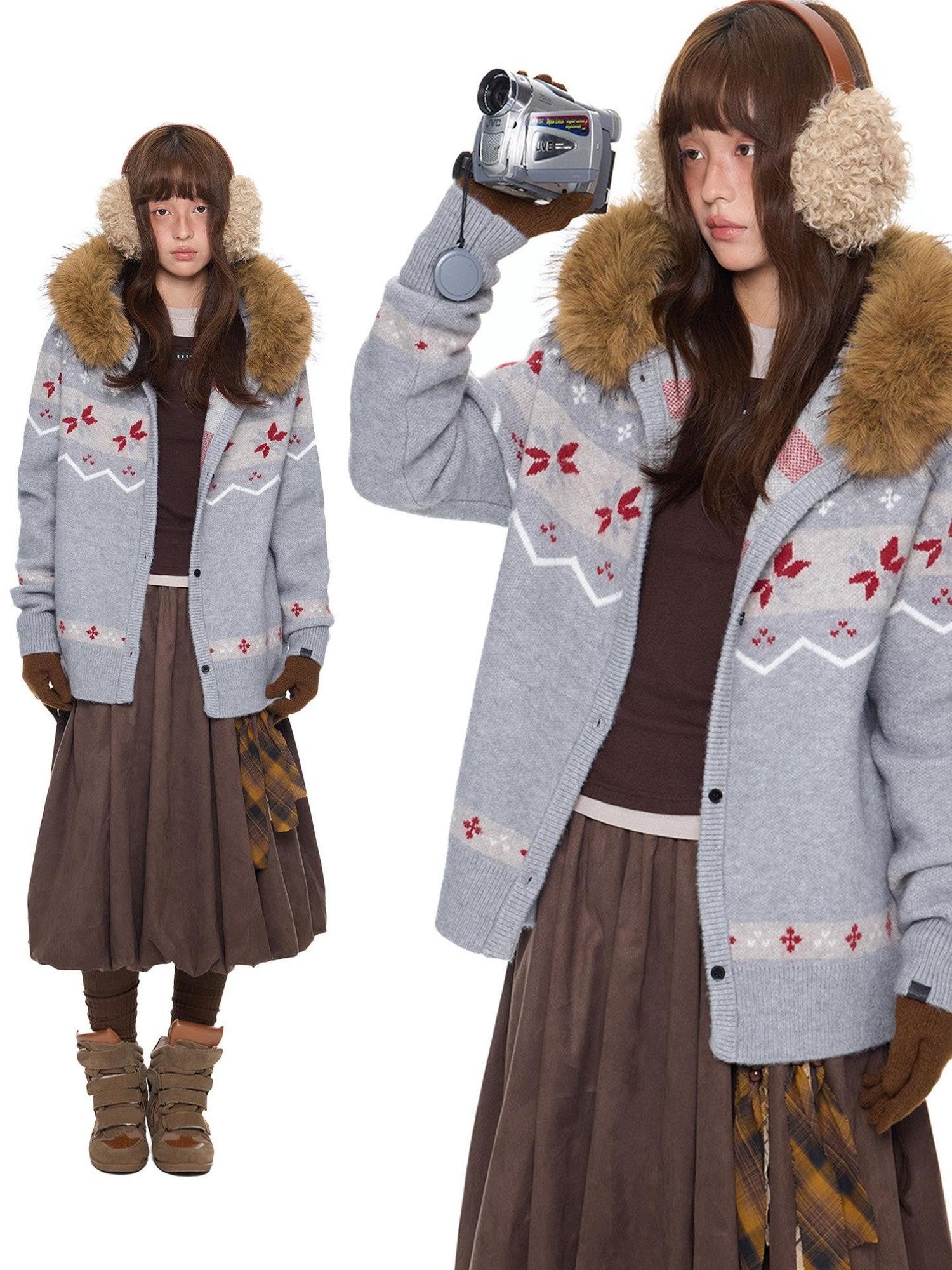 EZEK Fur Collar Hooded Vintage Loose Women's Acrylic Blend Button-up Cardigans