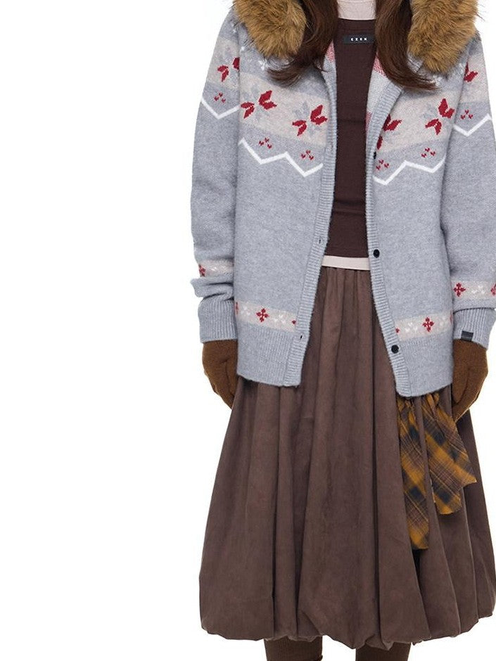 EZEK Fur Collar Hooded Vintage Loose Women's Acrylic Blend Button-up Cardigans
