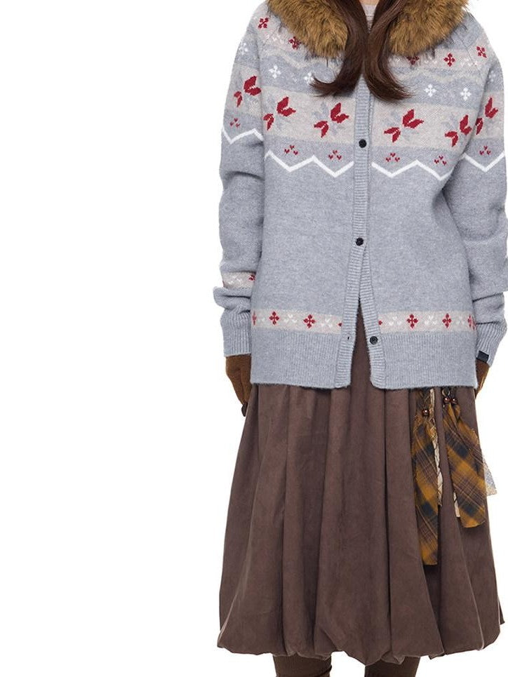 EZEK Fur Collar Hooded Vintage Loose Women's Acrylic Blend Button-up Cardigans