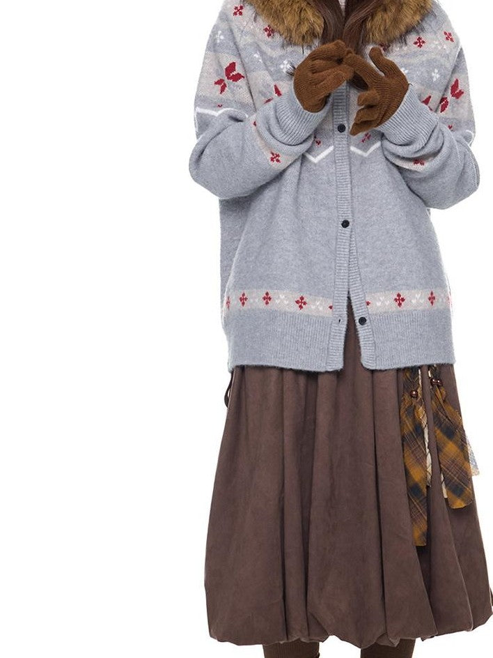 EZEK Fur Collar Hooded Vintage Loose Women's Acrylic Blend Button-up Cardigans