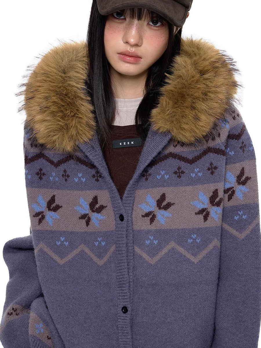 EZEK Fur Collar Hooded Vintage Loose Women's Acrylic Blend Button-up Cardigans