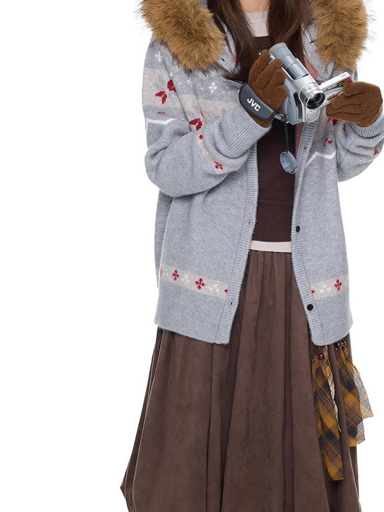 EZEK Fur Collar Hooded Vintage Loose Women's Acrylic Blend Button-up Cardigans