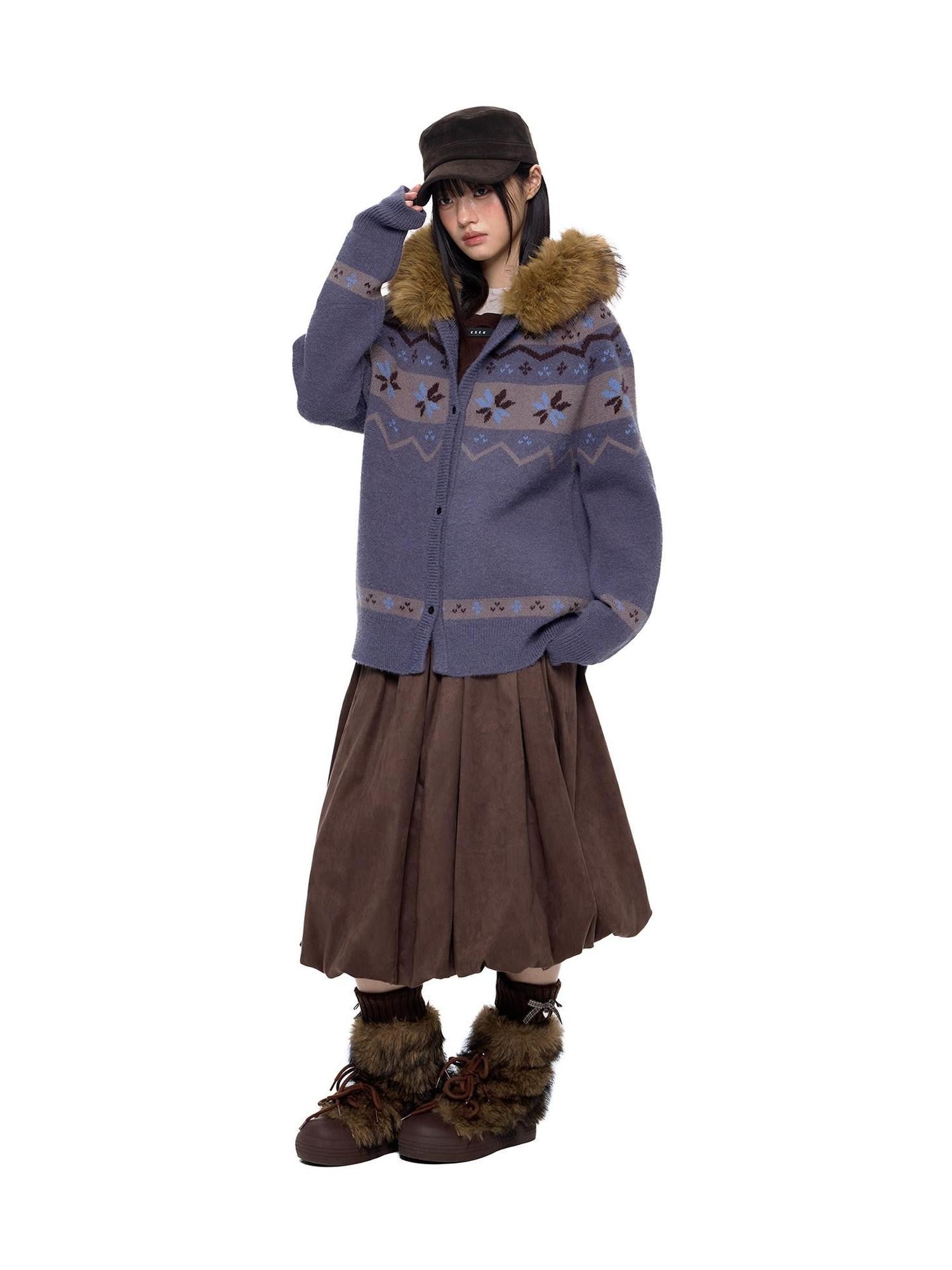 EZEK Fur Collar Hooded Vintage Loose Women's Acrylic Blend Button-up Cardigans